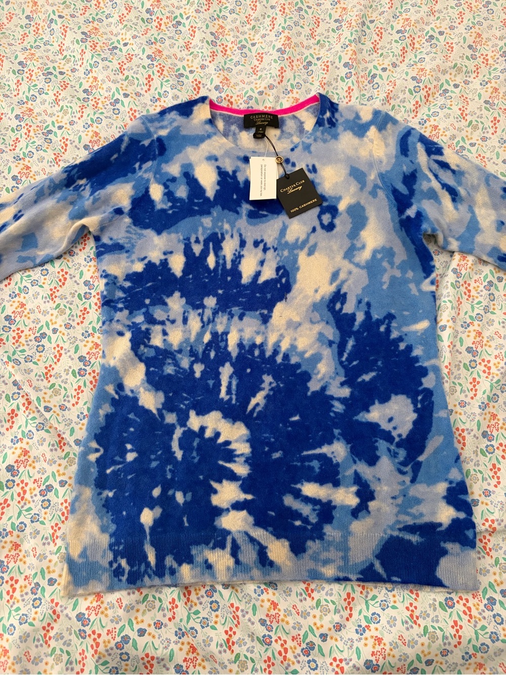 Charter Club Blue and Light Blue Tie-Dye Crewneck Sweater